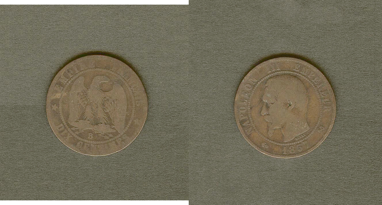 Dix centimes Napoléon III, tête nue 1857 Rouen B+